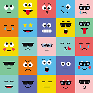 A multi-colored grid of emoji style faces expressing different emotions.
