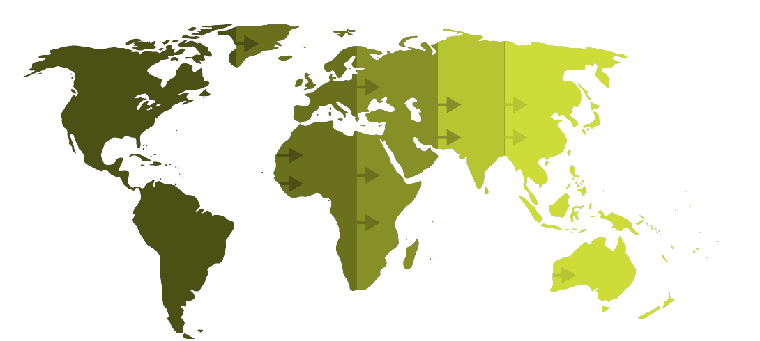 World map shifting from dark green in the West to bright lime in the East