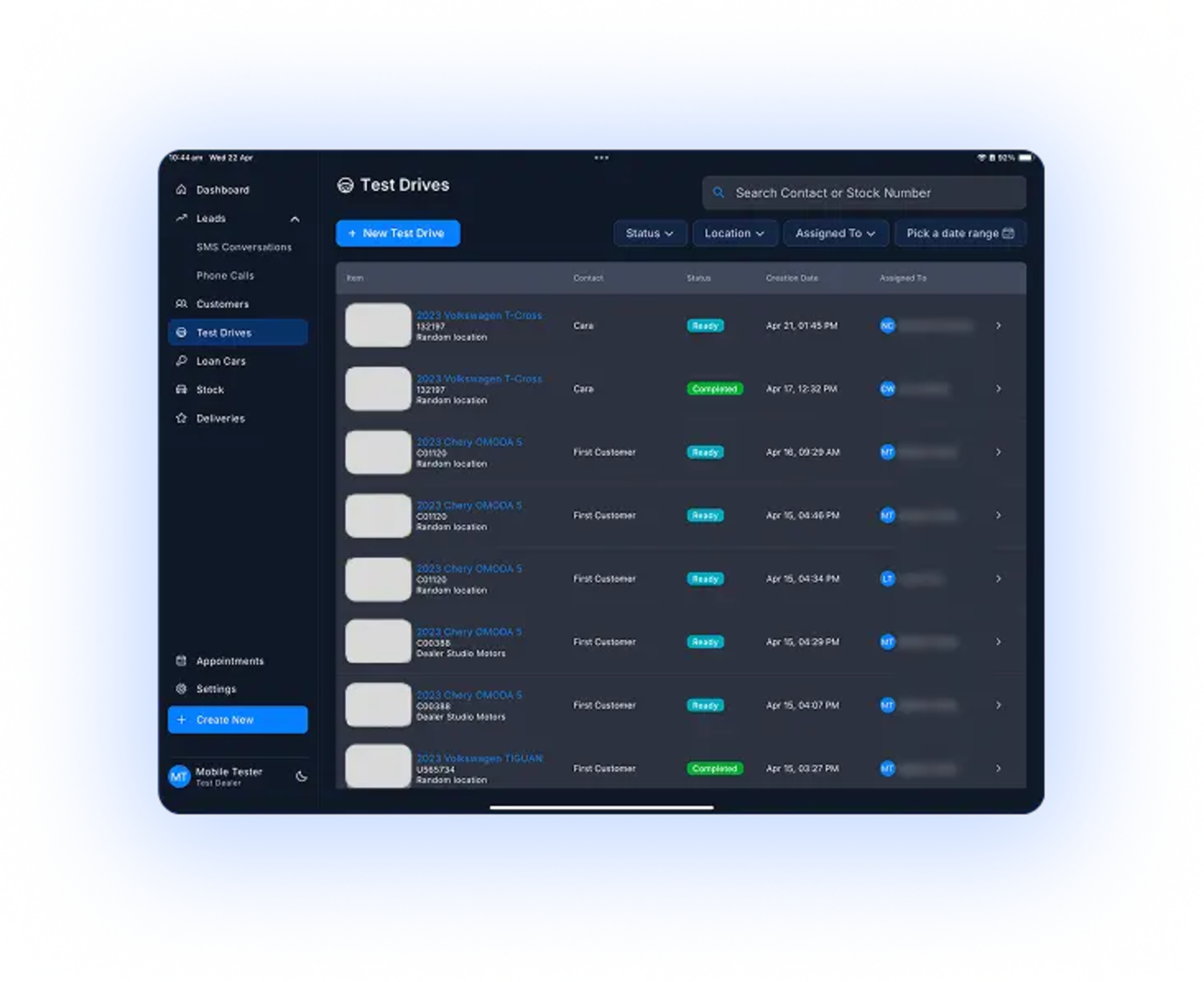Mobile dashboard for booking and updating test drives