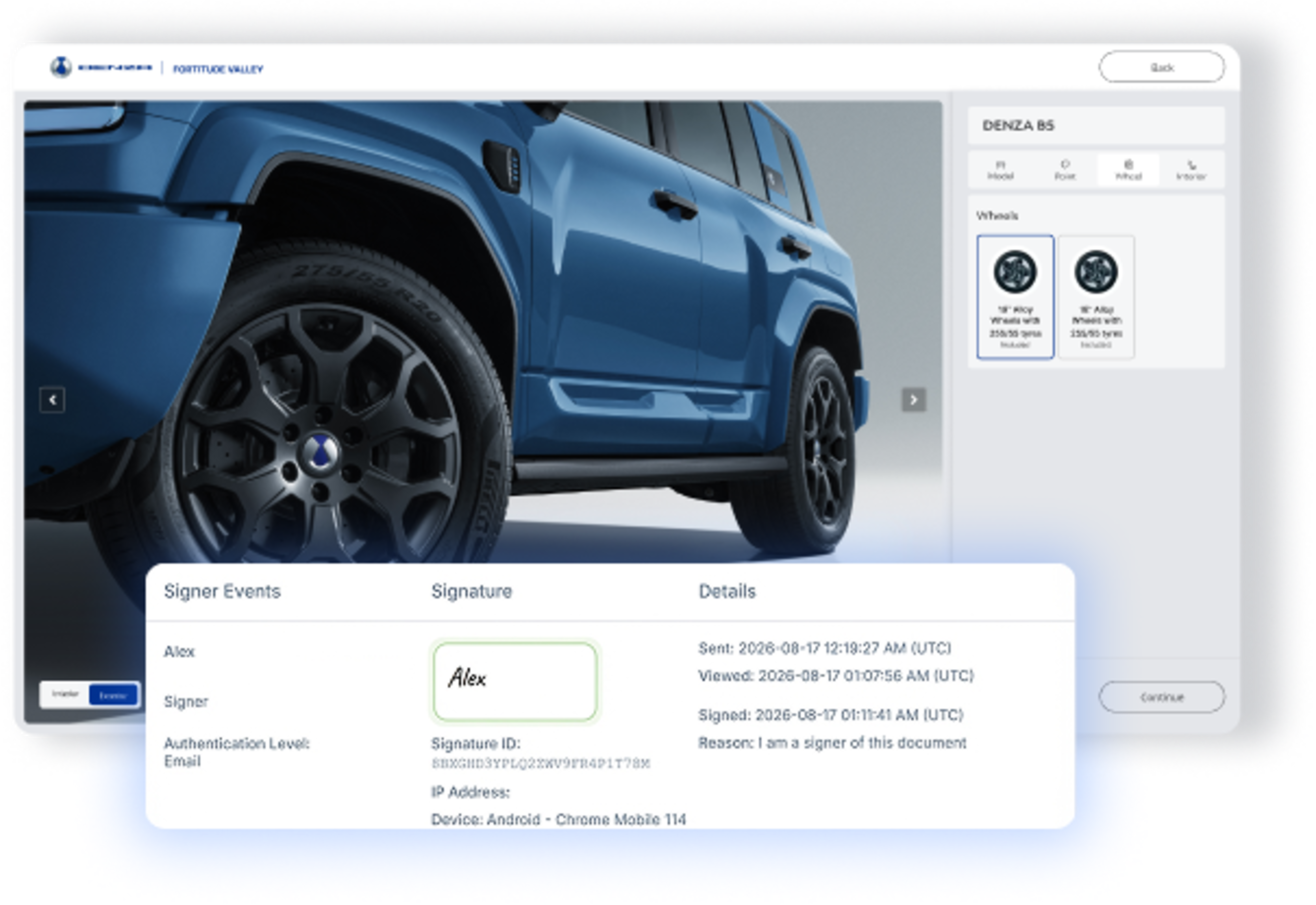 Denza build and price configurator with a signed e-contract