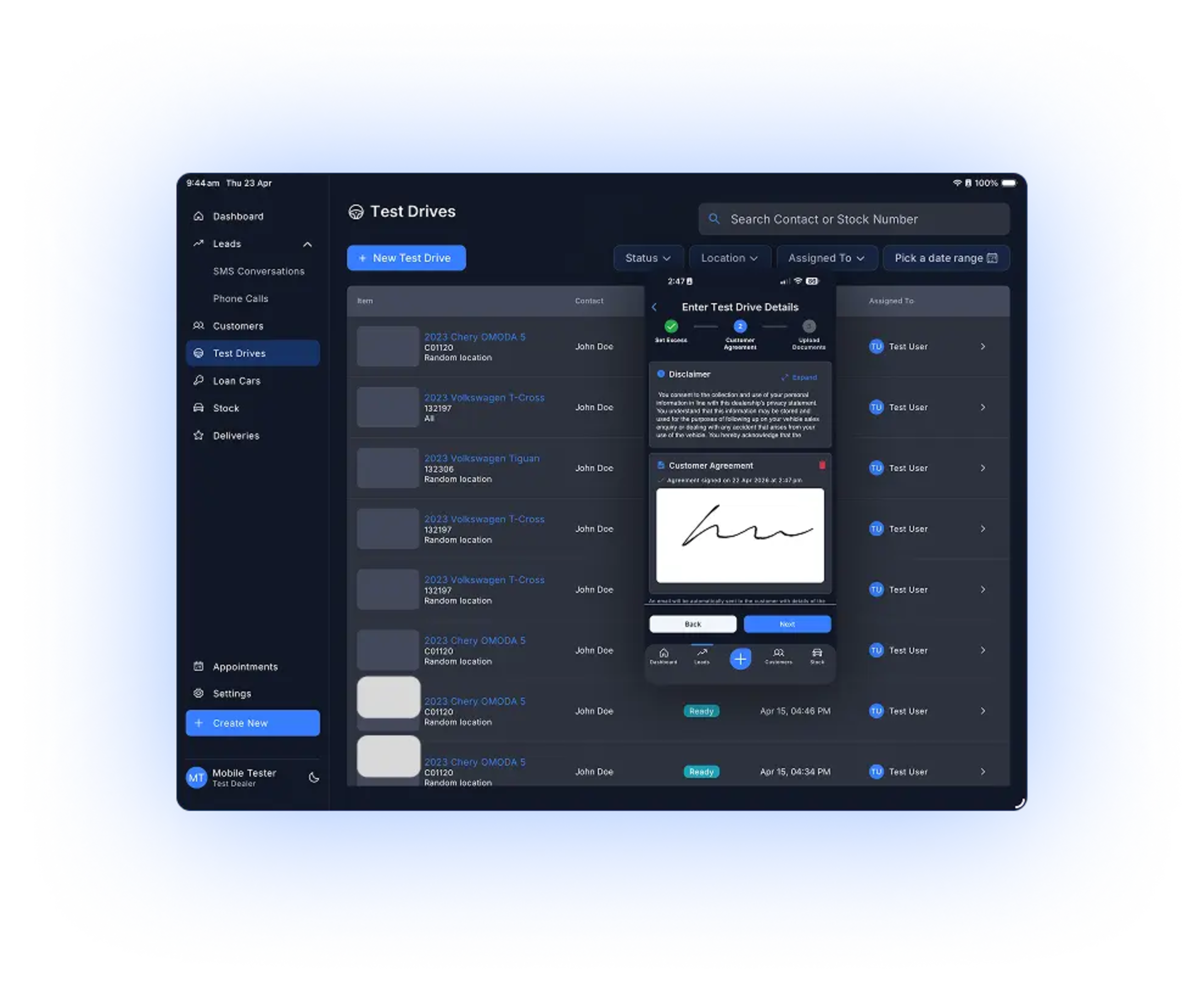 Test Drives dashboard with new test drive entry panel