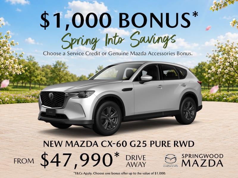 New Mazda CX-60 G25 Pure RWD in silver, Springwood Mazda $1,000 Spring Into Savings bonus offer, from $47,990 drive away