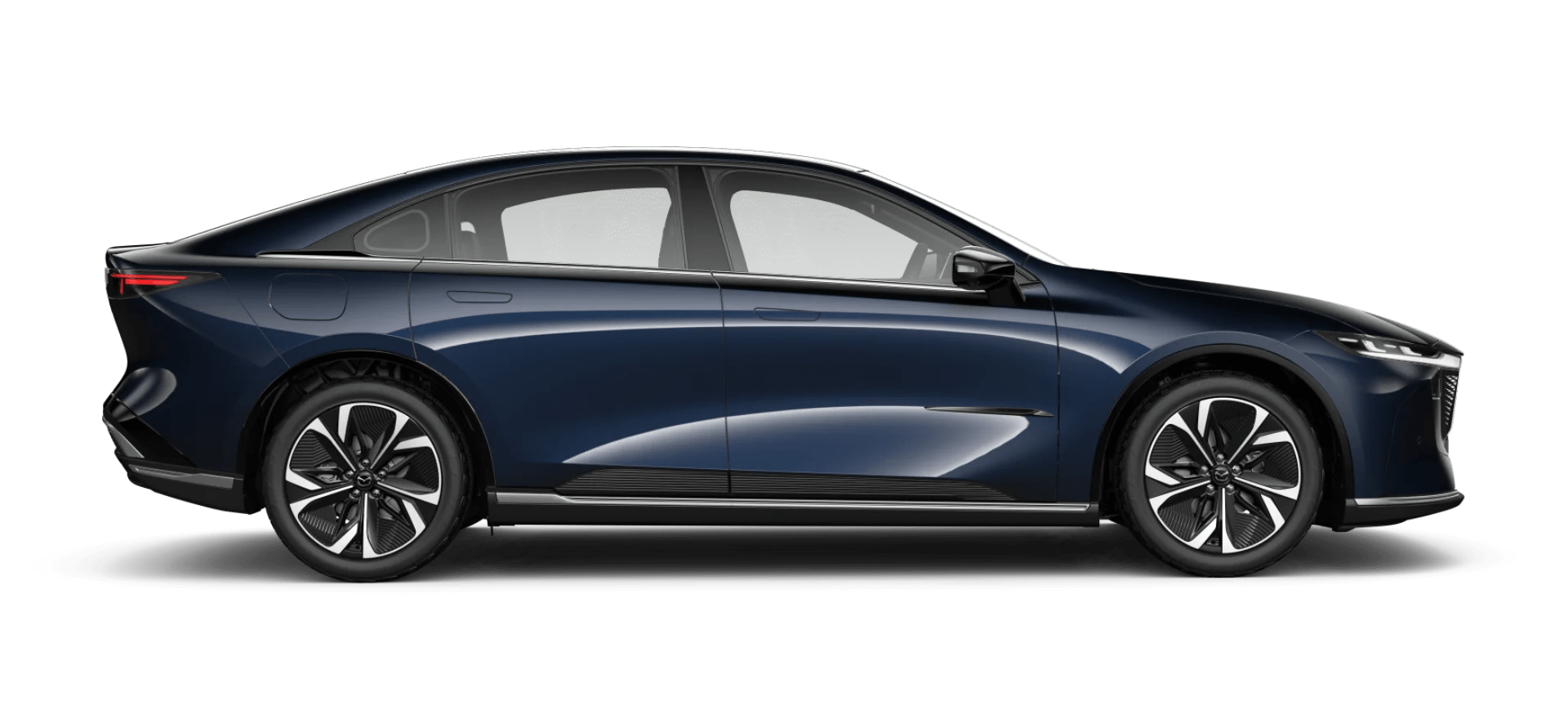 Side view of the Mazda6e electric sedan in Deep Crystal Blue