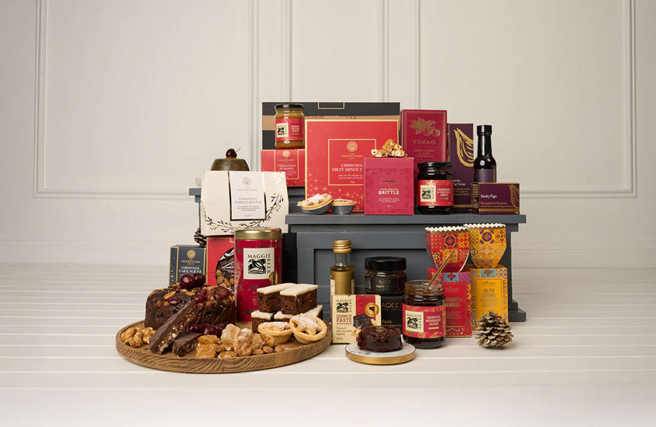 Luxury Christmas hamper filled with festive gifts and gourmet treats