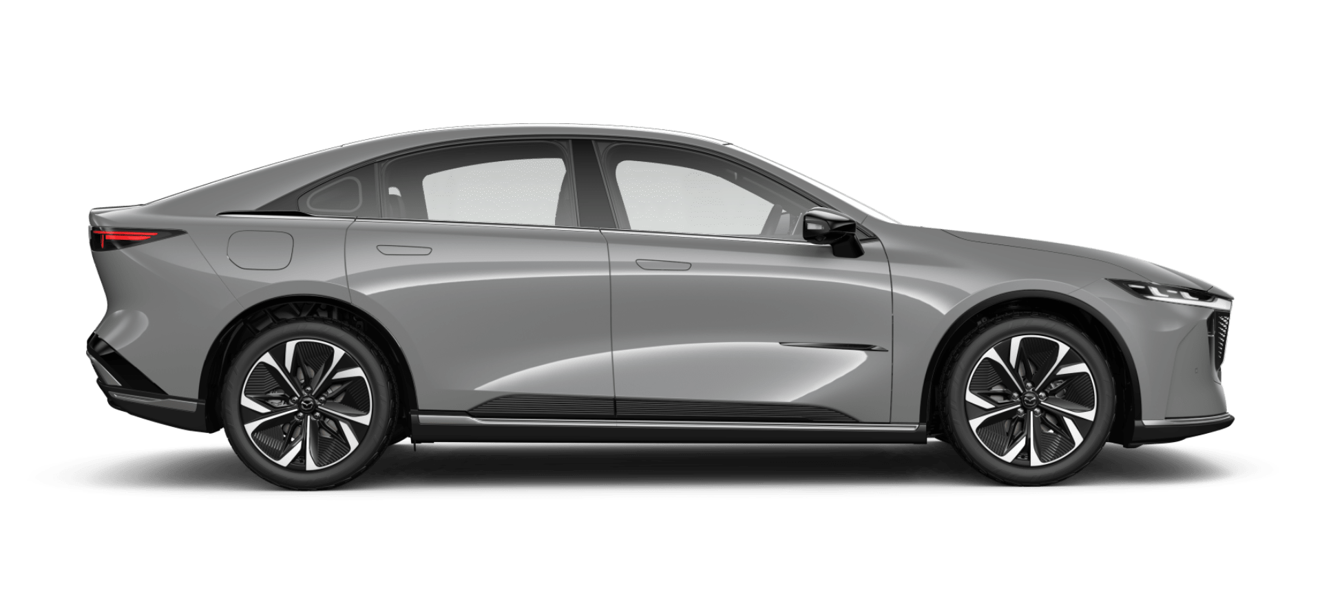 Side profile of the Mazda6e GT rear-wheel-drive electric sedan in Aero Grey