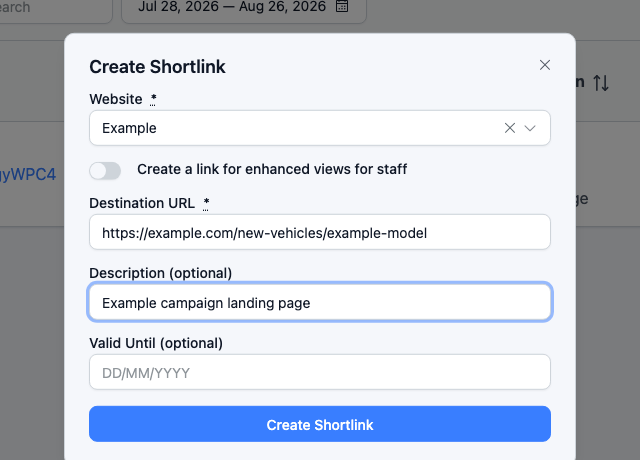 The Create Shortlink dialog with a website selected and a destination URL and description filled in