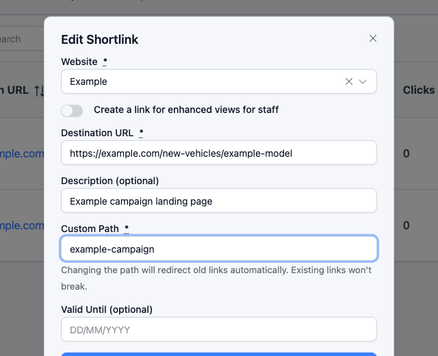 The Custom Path field being changed to a campaign-friendly name