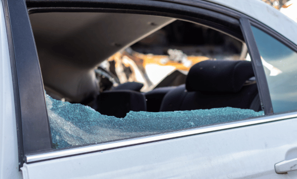 Smashed car passenger window