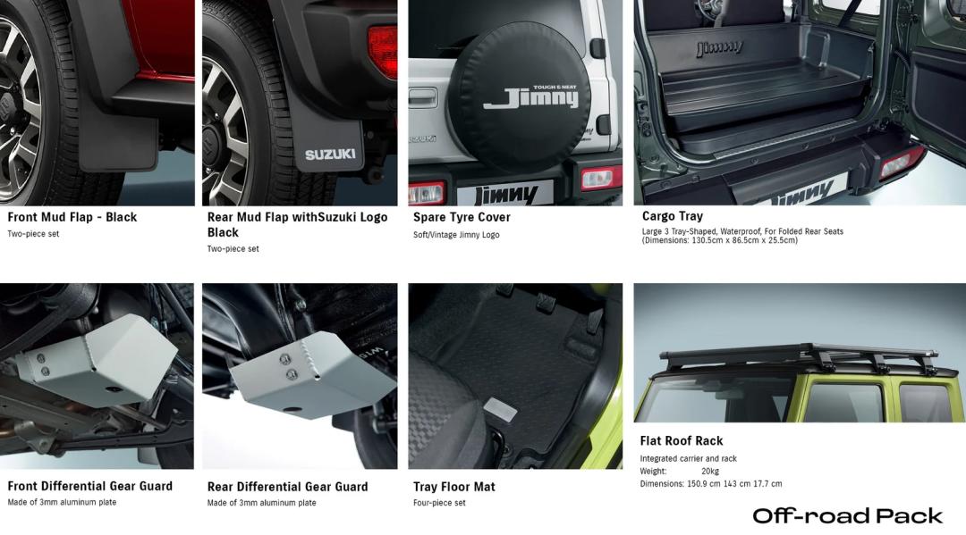 Jimny (3 Door MT) Off-road Pack (Mud Flaps + Differential Gear Guards + Tray Floor Mats + Cargo Tray + Flat Roof Rack & Spare Tyre Cover)
