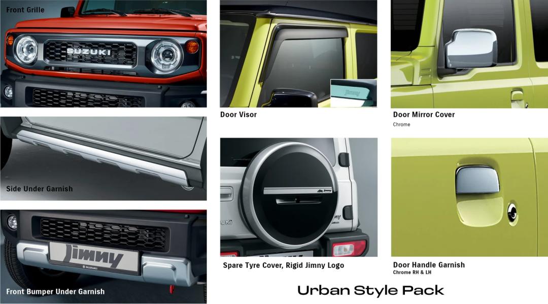 Jimny (3 Door) Urban Style Pack (Front Grille + Side & Front Under Garnish + Visors + Door Handle Garnish + Door Mirror Cover & Rigid Spare Tyre Cover)