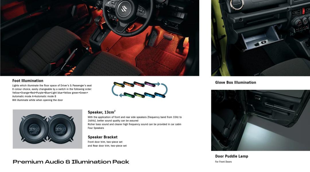 Jimny (3 Door) Premium Audio & Illumination Pack (Foot & Glovebox Illumination + Door Puddle Lamp & Speakers)
