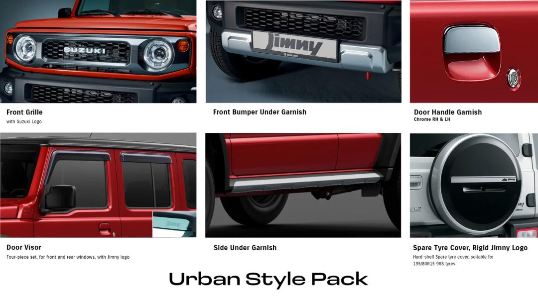 Jimny (XL) Urban Style Pack (Front Grille + Side & Front Under Garnish + Visors + Door Handle Garnish + Rigid Spare Tyre Cover)