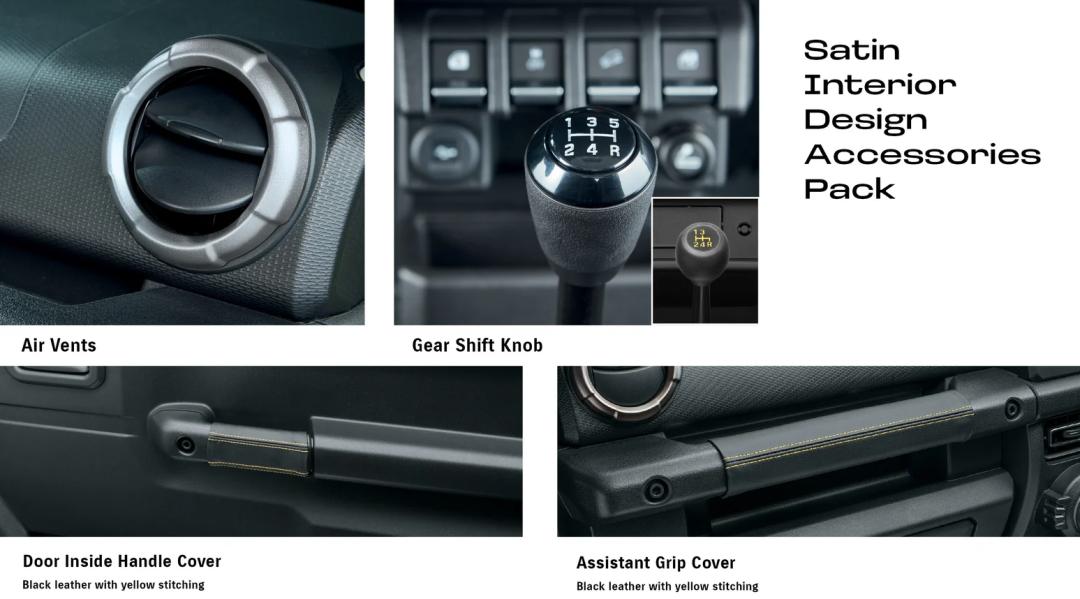 Jimny (3 Door MT) Satin Interior Design Pack (Inside Door Handle & Assistant Grip Covers + Air Vent Garnish & Gear Shift Knob)