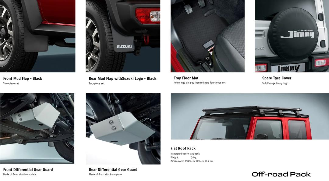 Jimny (XL AT) Off-road Pack (Mud Flaps + Differential Gear Guards + Tray Floor Mats + Flat Roof Rack & Spare Tyre Cover)