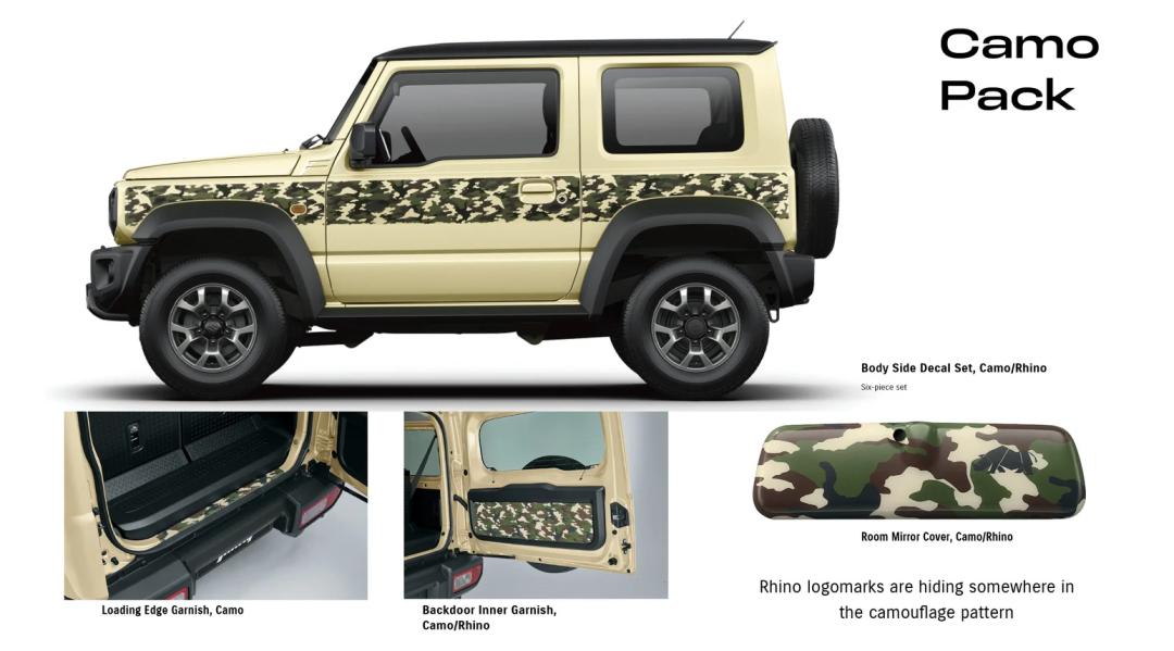 Jimny (3 Door MT) Camo Pack (Side Body Decal + Back Dorr & Loading Edge Garnish + Room Mirror Cover)