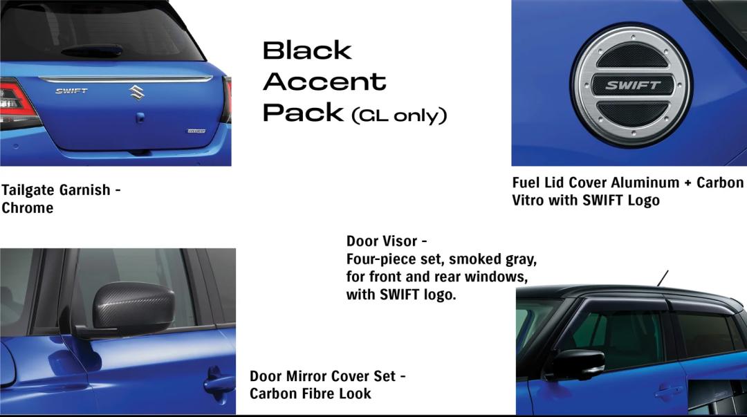Swift Hybrid GL Black Accent Pack (Tailgate Garnish, Fuel Lid Cover, Door Visor & Door Mirror Cover)