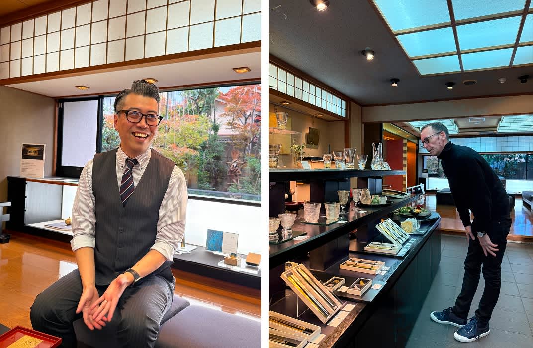 Mr Hisaki Haseda and Kerry at the HAKUZA Inc. main store, Kanazawa (Moriyama). Photos: Jane Johnston