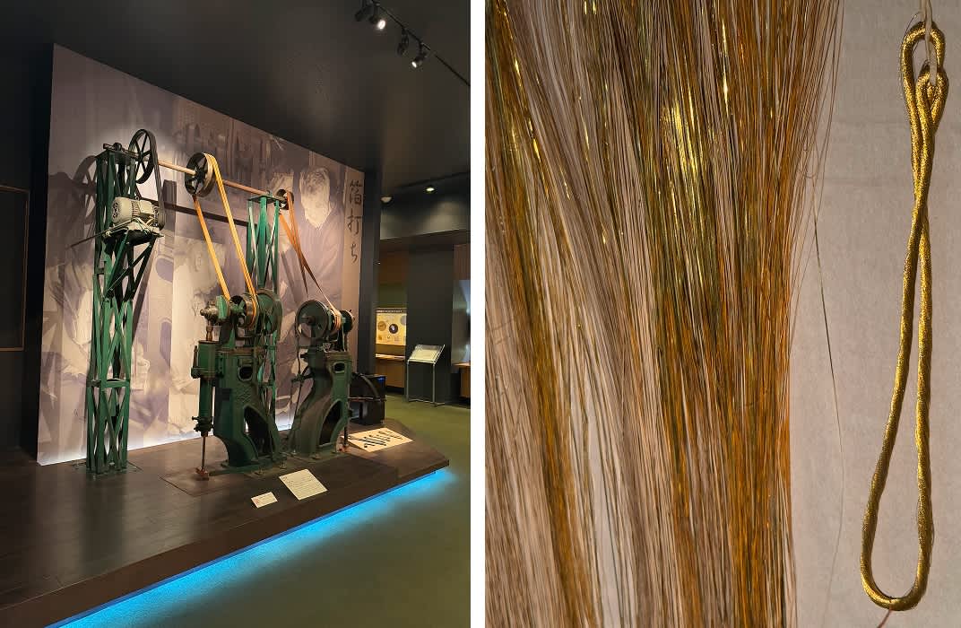 Museum displays: beating machines; fine strips of gold leaf, wound with silk to make gold thread. Photos: Jane Johnston