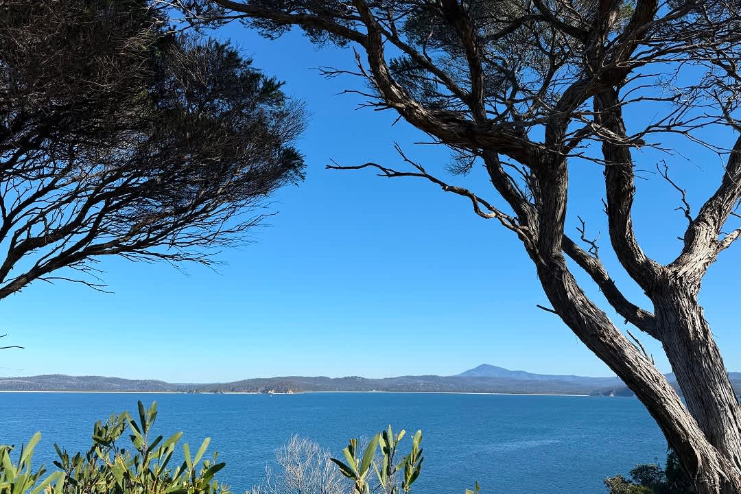 Eden – View from Eden Park towards the southern fold of Twofold Bay. Beermuna is the beach centre of view, in front of the peaked Balawan, Mt. Imlay