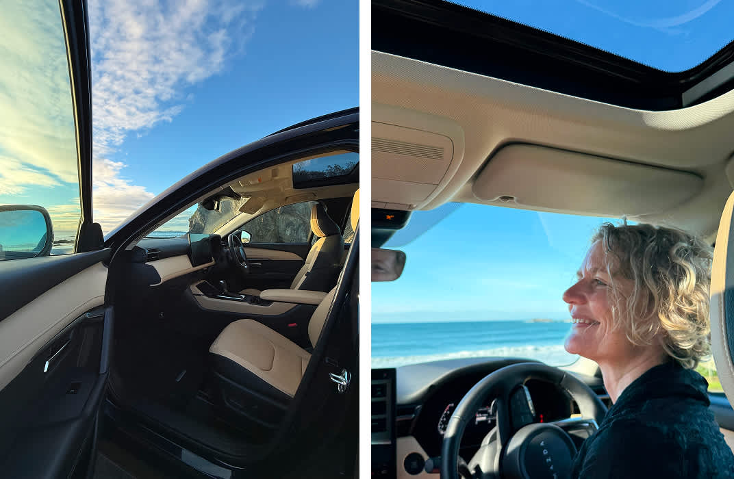 CX-5 by the sea. Navy Blue Mica exterior. Sports Tan interior