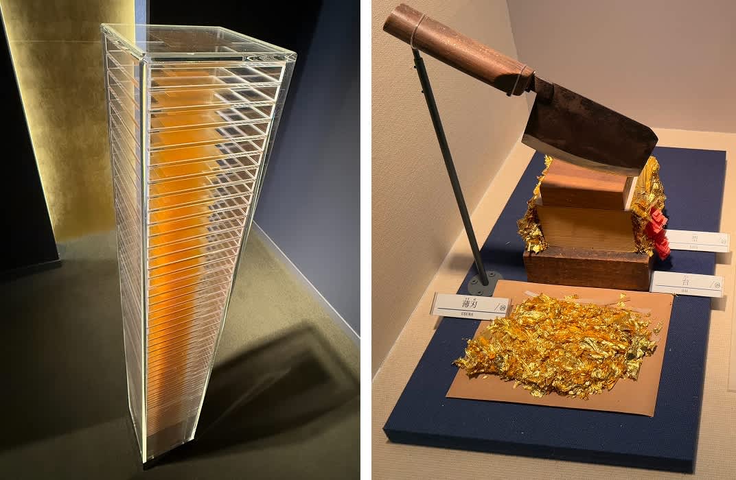 Museum displays: one hundred leaves stacked into Perspex to showcase the translucency of gold leaf; final leaf-cutting step in the tachikiri method. Photos: Jane Johnston. 