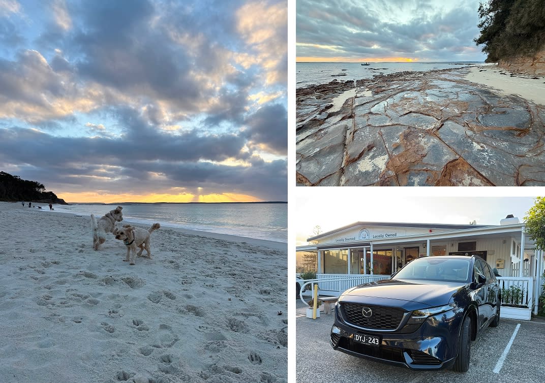 Jervis Bay – (L) Nelson Beach, a dog beach, (R top) Plantation Point, a classic place to catch sunrise on the bay, and (R below) The Cooked Goose at Hyams Beach