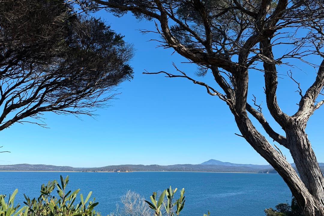 Eden – View from Eden Park towards the southern fold of Twofold Bay. Beermuna is the beach centre of view, in front of the peaked Balawan, Mt. Imlay