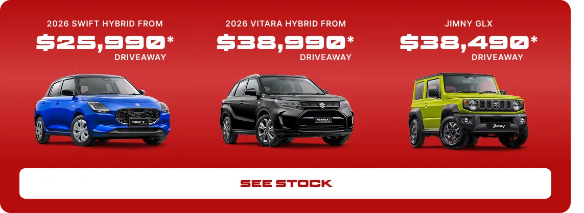 2026 Suzuki Swift Hybrid, 2026 Suzuki Vitara Hybrid and Suzuki Jimny GLX driveaway prices at Garry and Warren Smith Suzuki