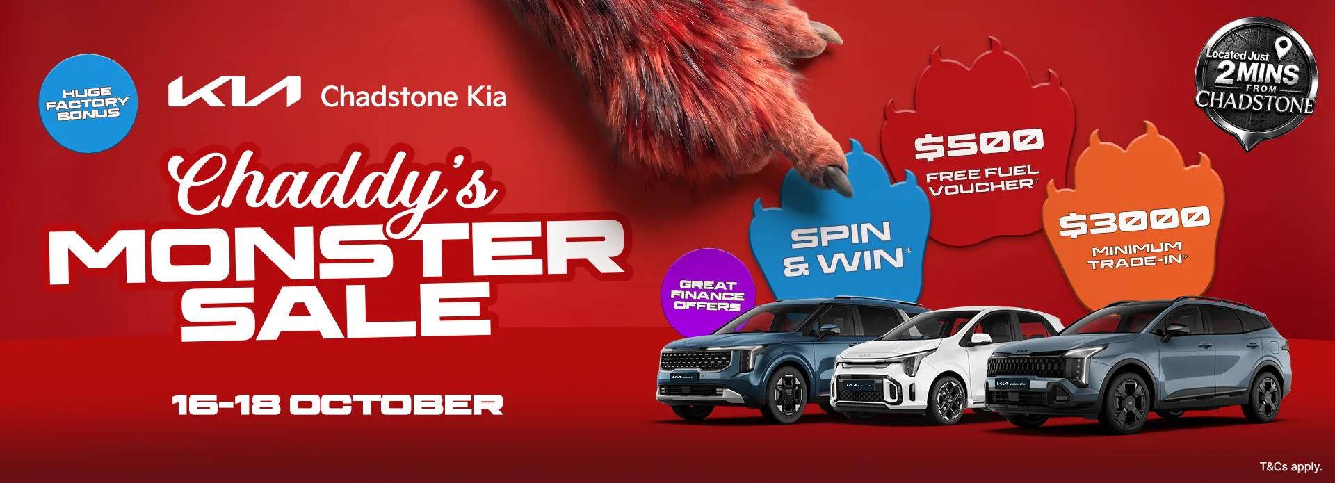 Chaddy's Monster Sale at Chadstone Kia, 16 to 18 October, with Kia Carnival, Picanto and Sportage 