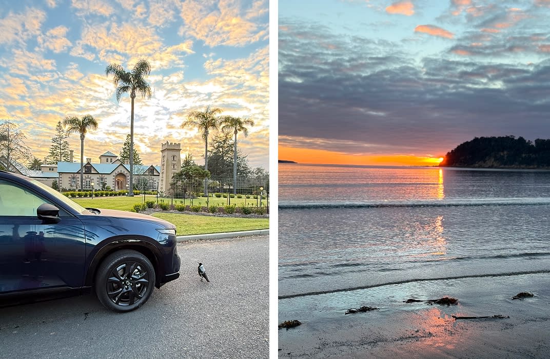 Eden (Boydtown) – (L) The Seahorse Inn, with a replica of Boyd’s Tower in front, built as a phone booth (R) sunrise at Beermuna, Boydtown Beach