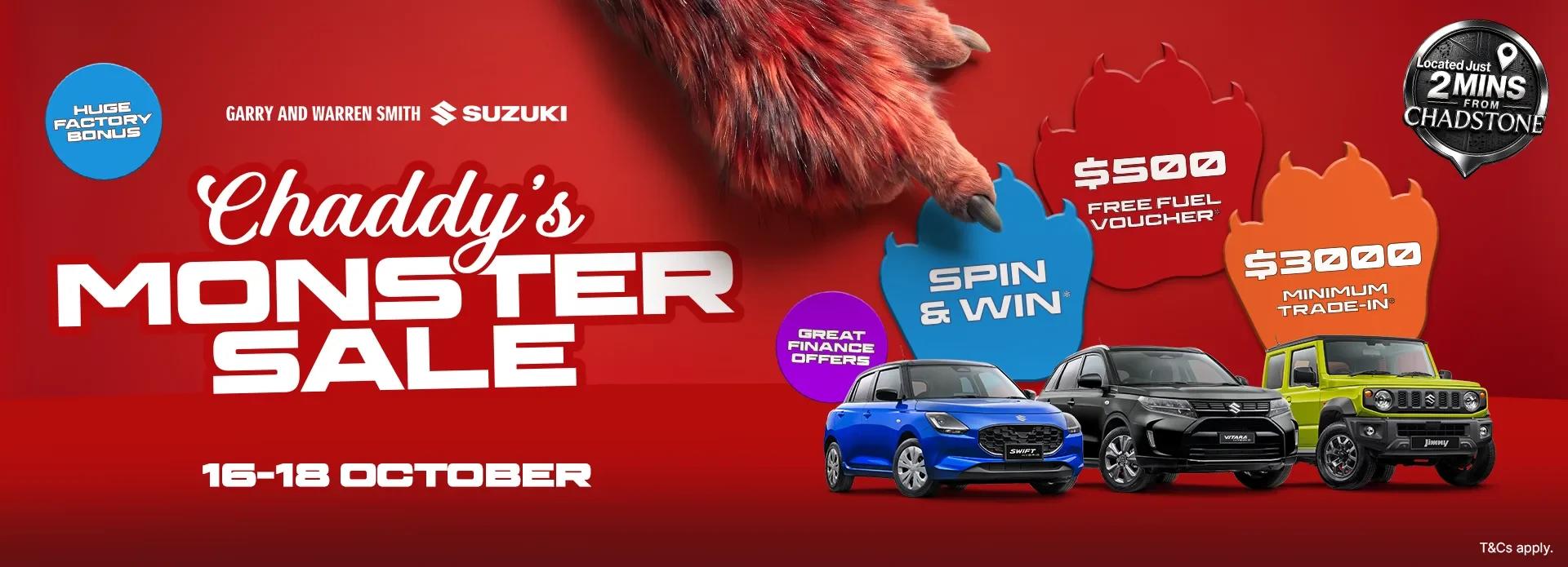 Chaddy's Monster Sale at Garry and Warren Smith Suzuki, 16 to 18 October, with Suzuki Swift Hybrid, Vitara Hybrid and Jimny