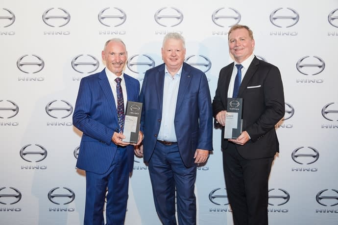 L-R Sean Lynch (Newcastle Hino) with Richard Emery (President &amp; CEO of Hino Australia) and Nathan Chatfield (CMI Hino Adelaide)