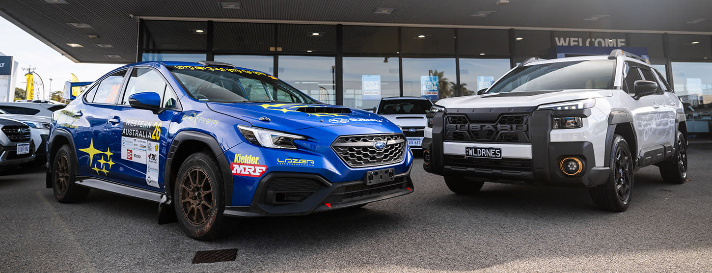 Subaru WRX AWD tS Spec B and Outback AWD Wilderness. WRX fitted with additional ARC competition livery, modifications and technical equipment for rally competition use.