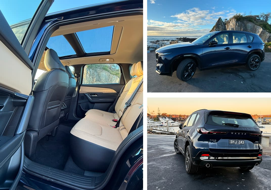 (L) Nappa leather seats in Sports Tan, and (R) two Navy Blue Mica hues, beside Australia Rock at Narooma, and at Bermagui wharf
