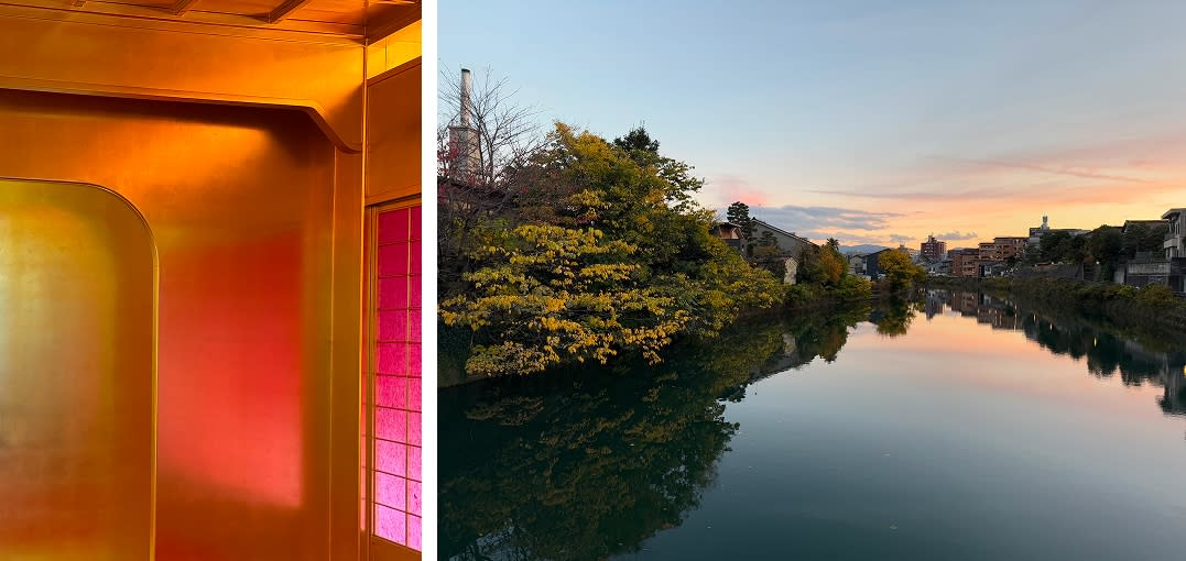Detail view of the gold leaf tearoom at the HAKUZA Inc. main Kanazawa (Moriyama) store, and Autumn sunset in Kanazawa by the Asano River. Photos: Jane Johnston