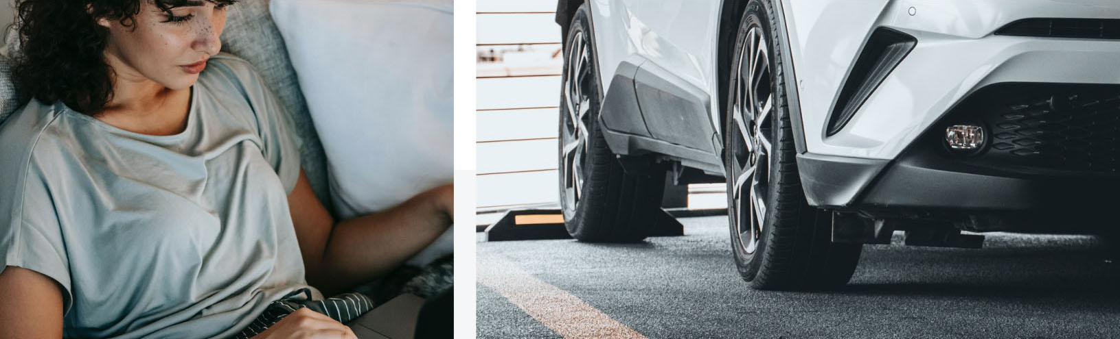 Girl on laptop and Toyota car in split image