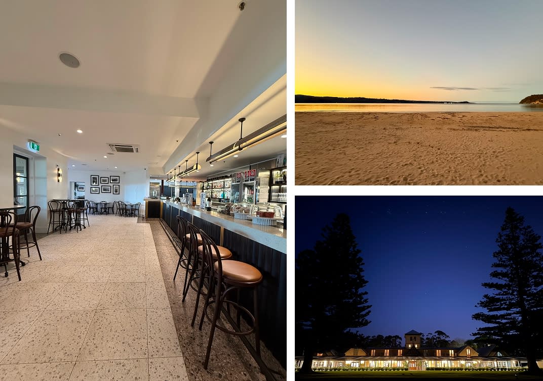 Eden (Boydtown) – (R top) View to the lights of Eden from Beermuna, Boydtown Beach, and (L, and R below) The Seahorse Inn beside Beermuna