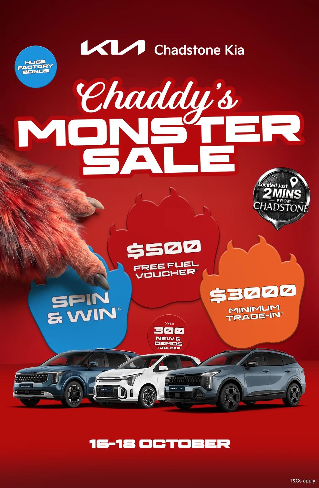 Chaddy's Monster Sale at Chadstone Kia, 16 to 18 October, with Kia Carnival, Picanto and Sportage