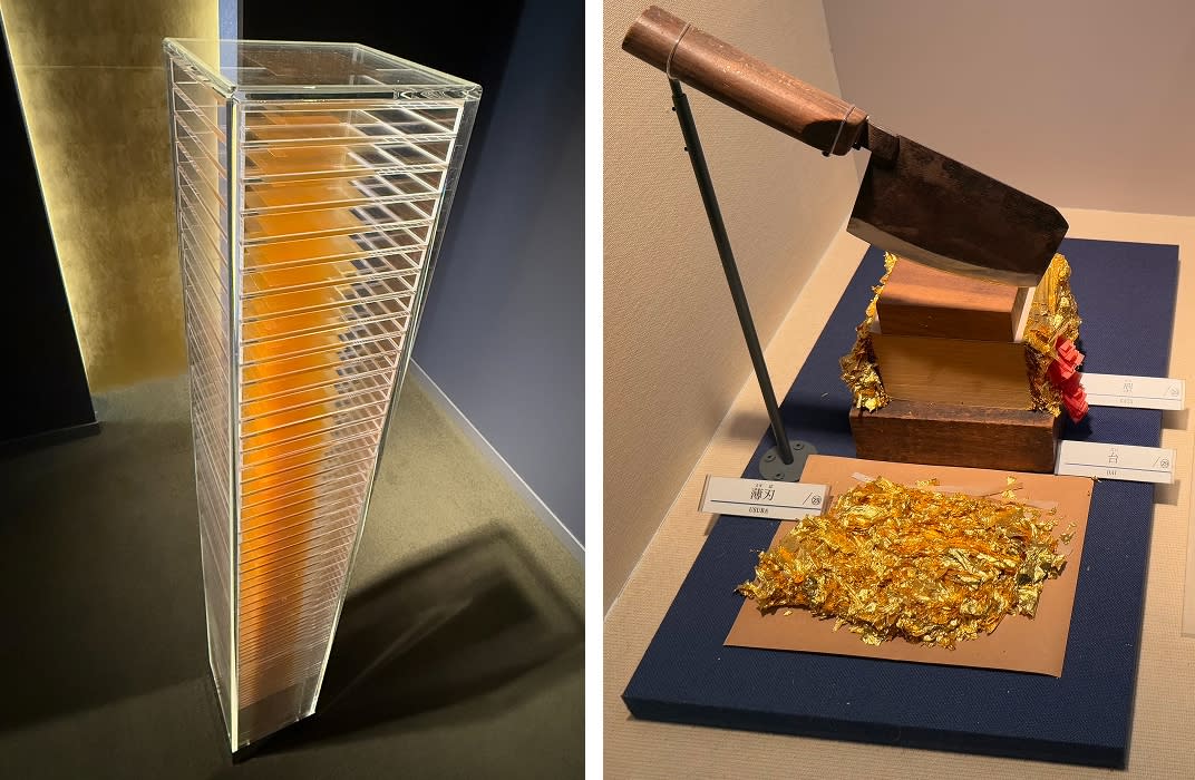 Museum displays: one hundred leaves stacked into Perspex to showcase the translucency of gold leaf; final leaf-cutting step in the tachikiri method. Photos: Jane Johnston. 