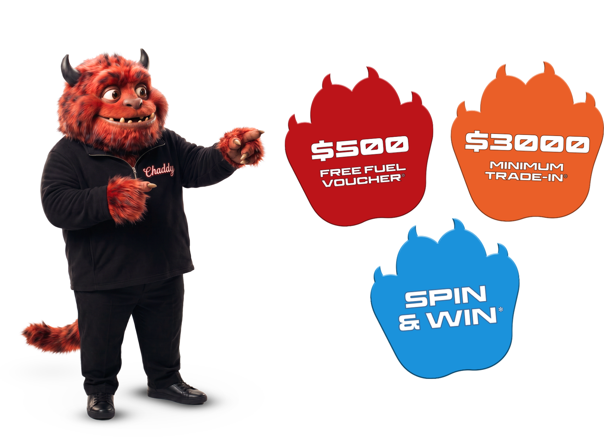 Chaddy with Monster Sale offers: $500 free fuel voucher, $3,000 minimum trade-in and Spin and Win 