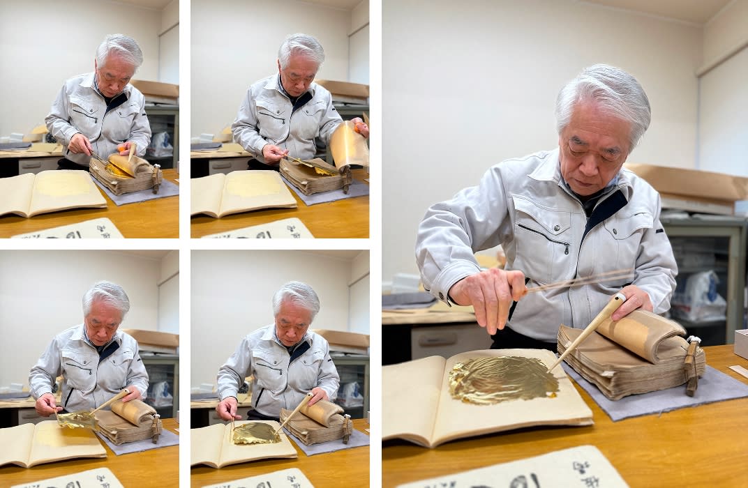 Master Aoshima in a mid-method task of moving gold leaf. Photos: Jane Johnston
