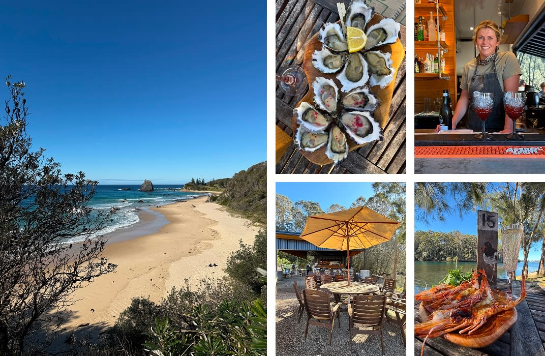 Narooma surf beach with Glasshouse Rocks and The Oyster Farmer's Daughter restaurant, Narooma NSW