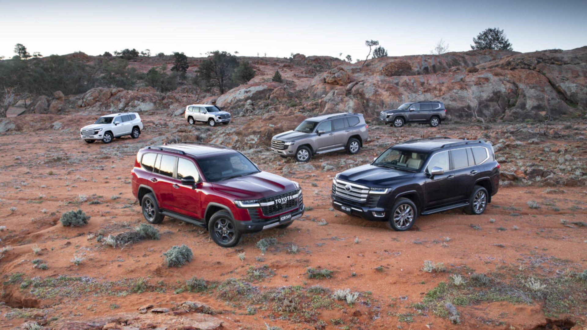 2021 Toyota LandCruiser 300 Series range (L-R) VX, GX, GR Sport, GXL, Sahara and Sahara ZX.