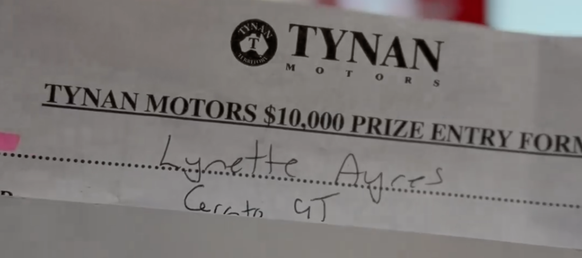 <i>Lynette's winning entry form!&nbsp;</i>