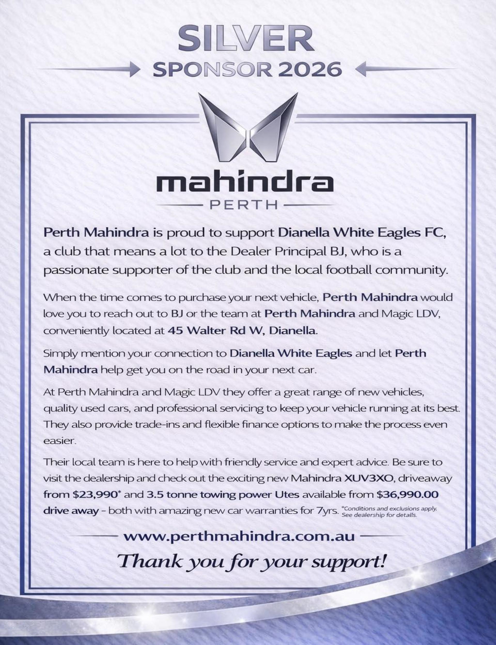 Perth Mahindra Continues Support of Dianella White Eagles in 2026 banner