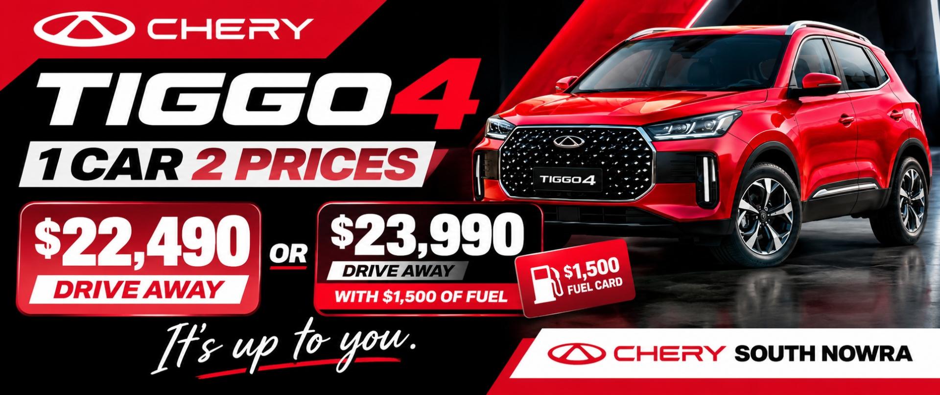 Tiggo 4 pricing deal $22490 or $23990 with $1500 of free fuel 