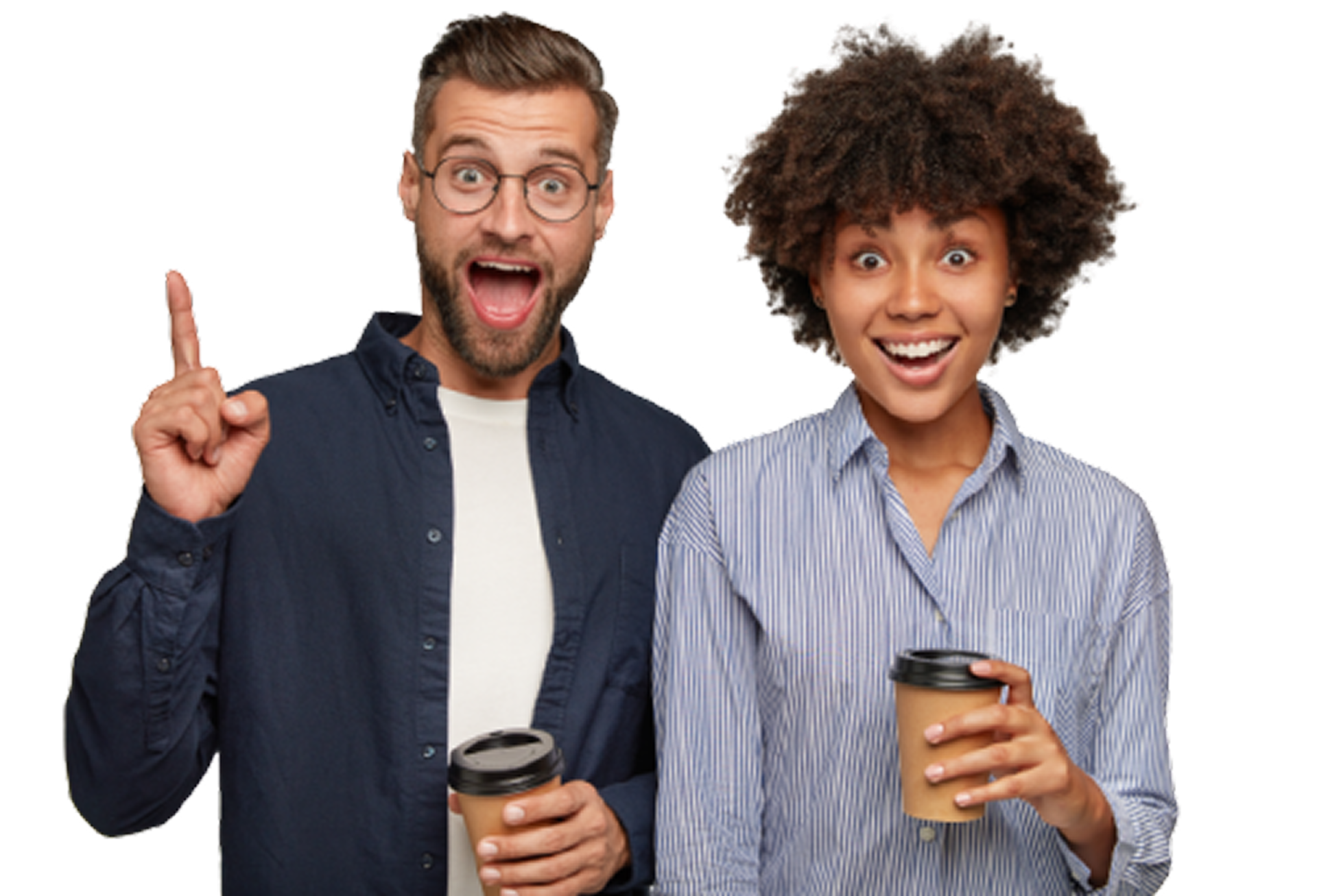 Happy couple with coffee; man pointing upward