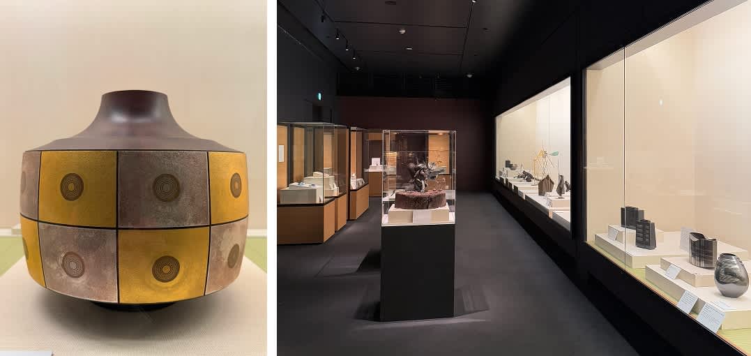  Museum displays: TAKAHASHI Kaishu, 20th century, ‘Album of Gold and Silver’, ornamental vase in bronze with gold and silver inlay; metalworks exhibition photographed Nov 2024. Photos: Jane Johnston. 