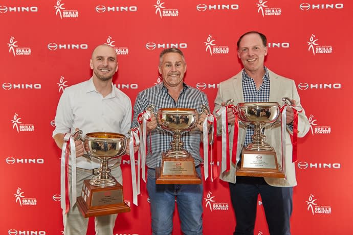 2025 Hino Skills Champions (L–R): Service Champion Admir Music (Prestige Hino), Parts Champion Graham Reynolds (Wagga Trucks) and Sales Champion John Delahay (Sci-Fleet Hino Brisbane).