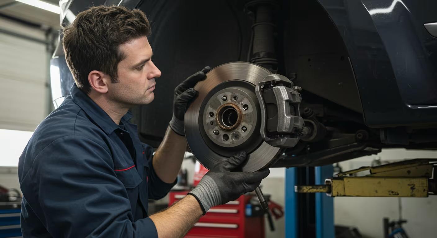 Worker fitting the hub of a car wheel into place